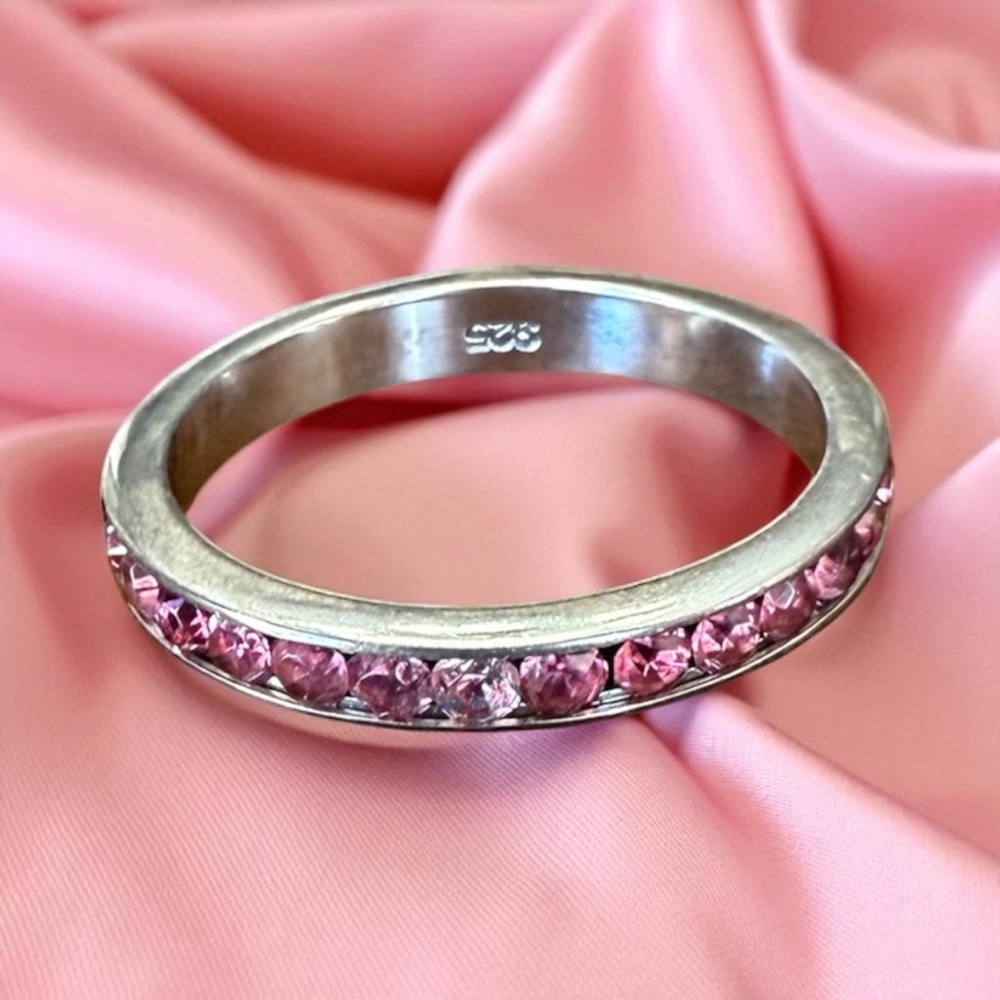 Vintage 925 Sterling Silver Pink CZ Eternity Band Ring Size 6